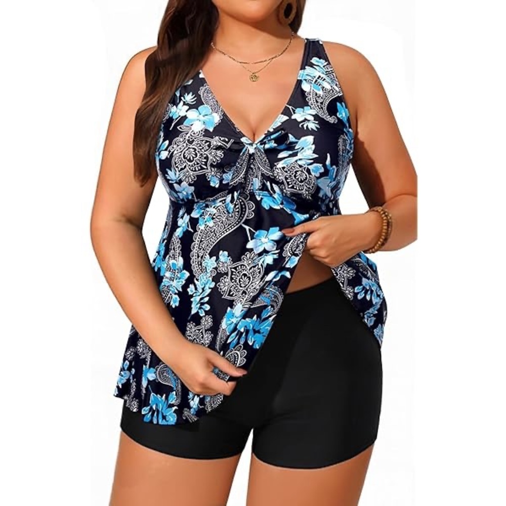 Plus Size Tankini Two Piece Tie Front Flowy with Shorts swimsuit
